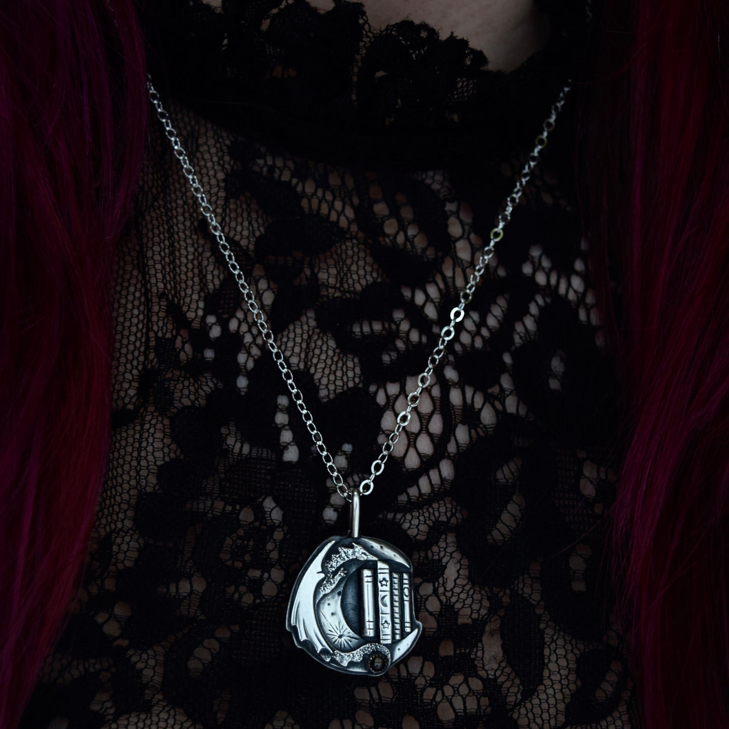 Lunar Bookshelf Necklace with Black Star Sapphire