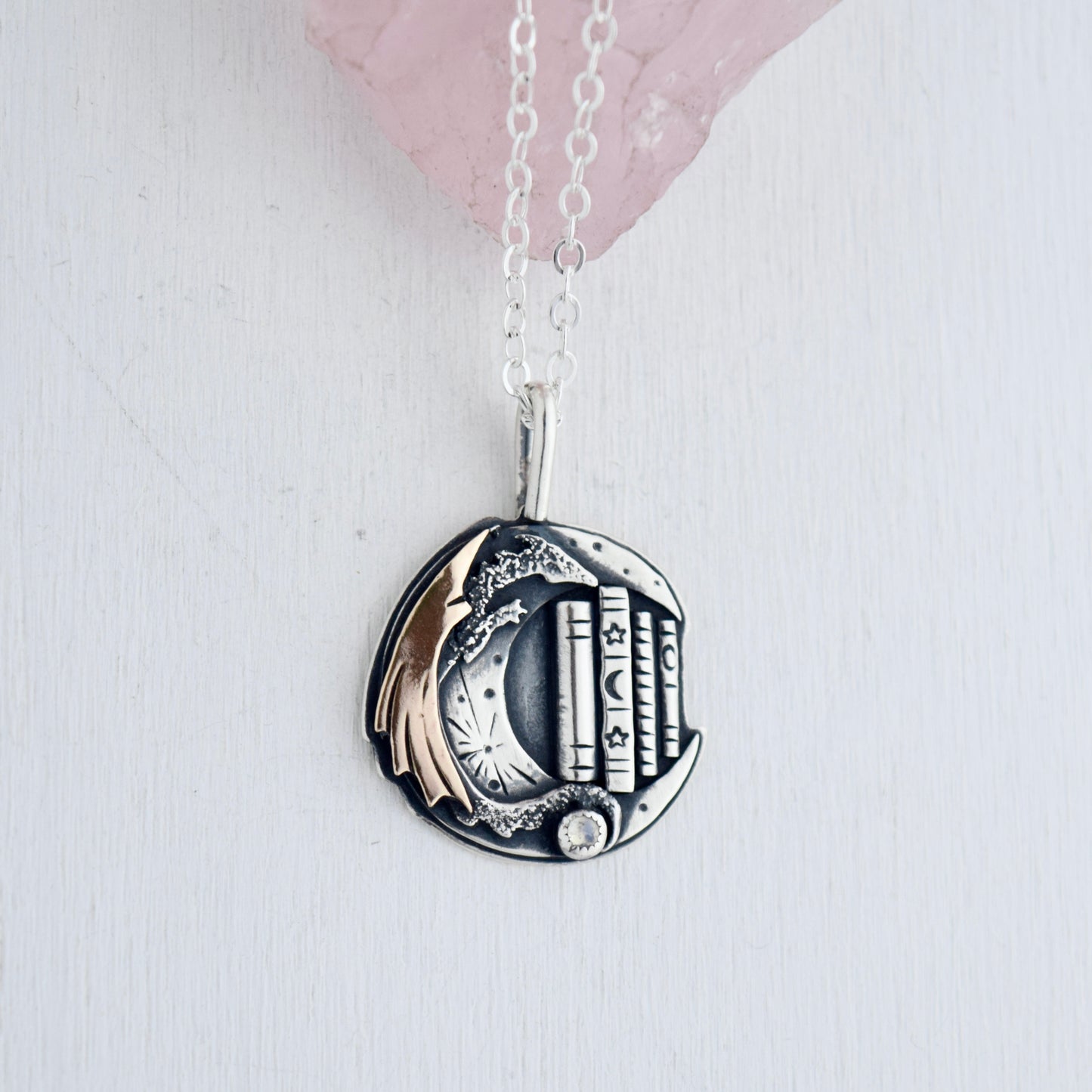 Lunar Bookshelf Necklace with Gold Fill and Rainbow Moonstone