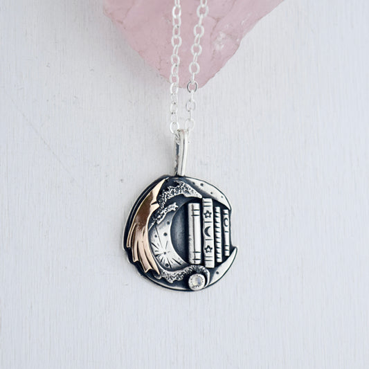 Lunar Bookshelf Necklace with Gold Fill and Rainbow Moonstone