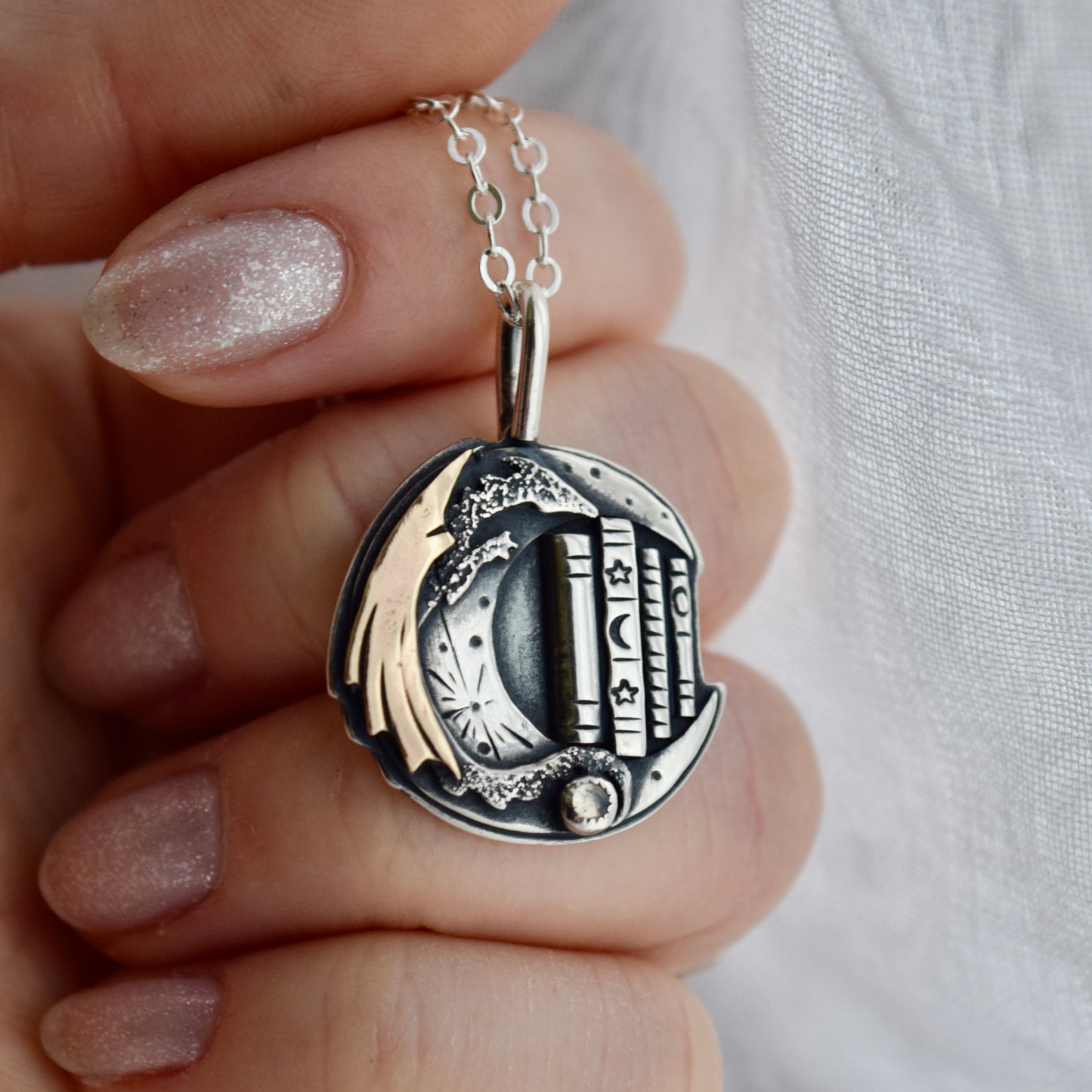 Lunar Bookshelf Necklace with Gold Fill and Rainbow Moonstone