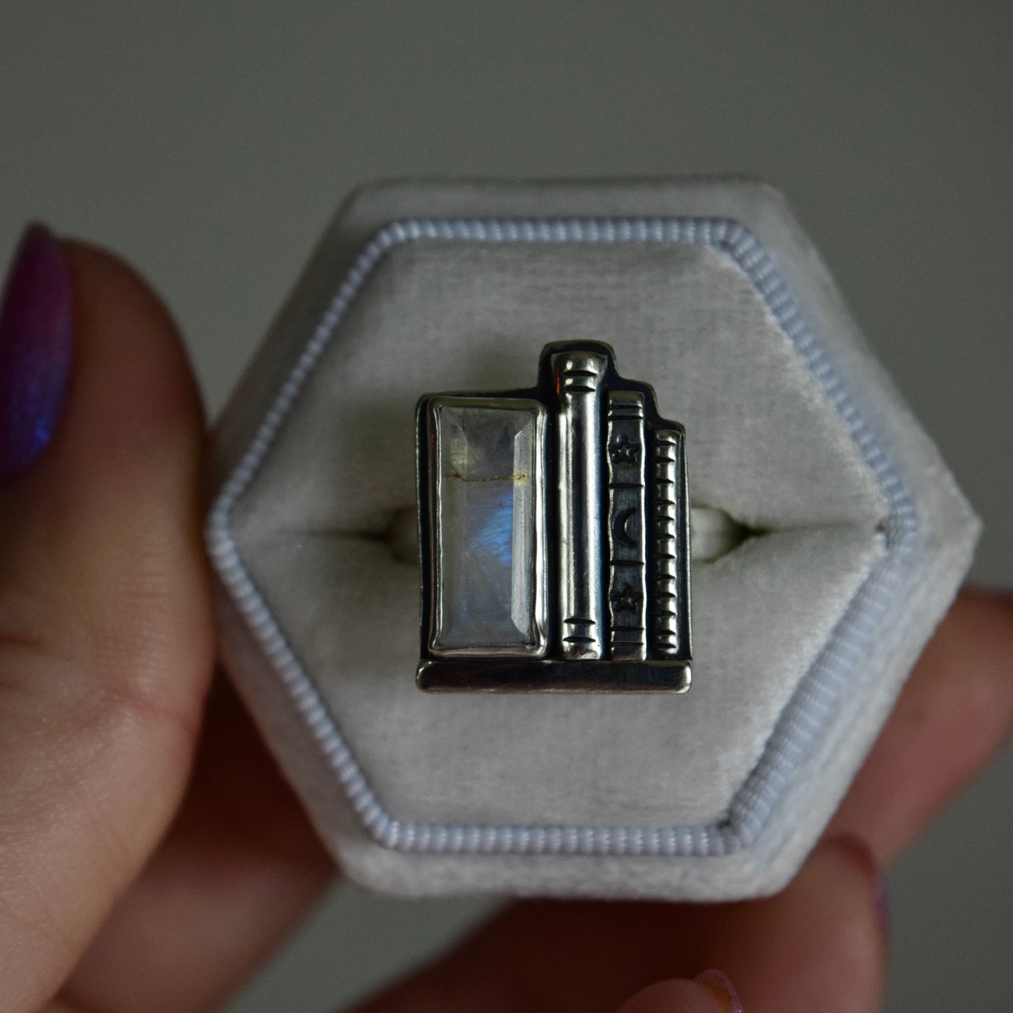 Bookshelf Ring with Kintsugi Repaired Rainbow Moonstone Size 8.5