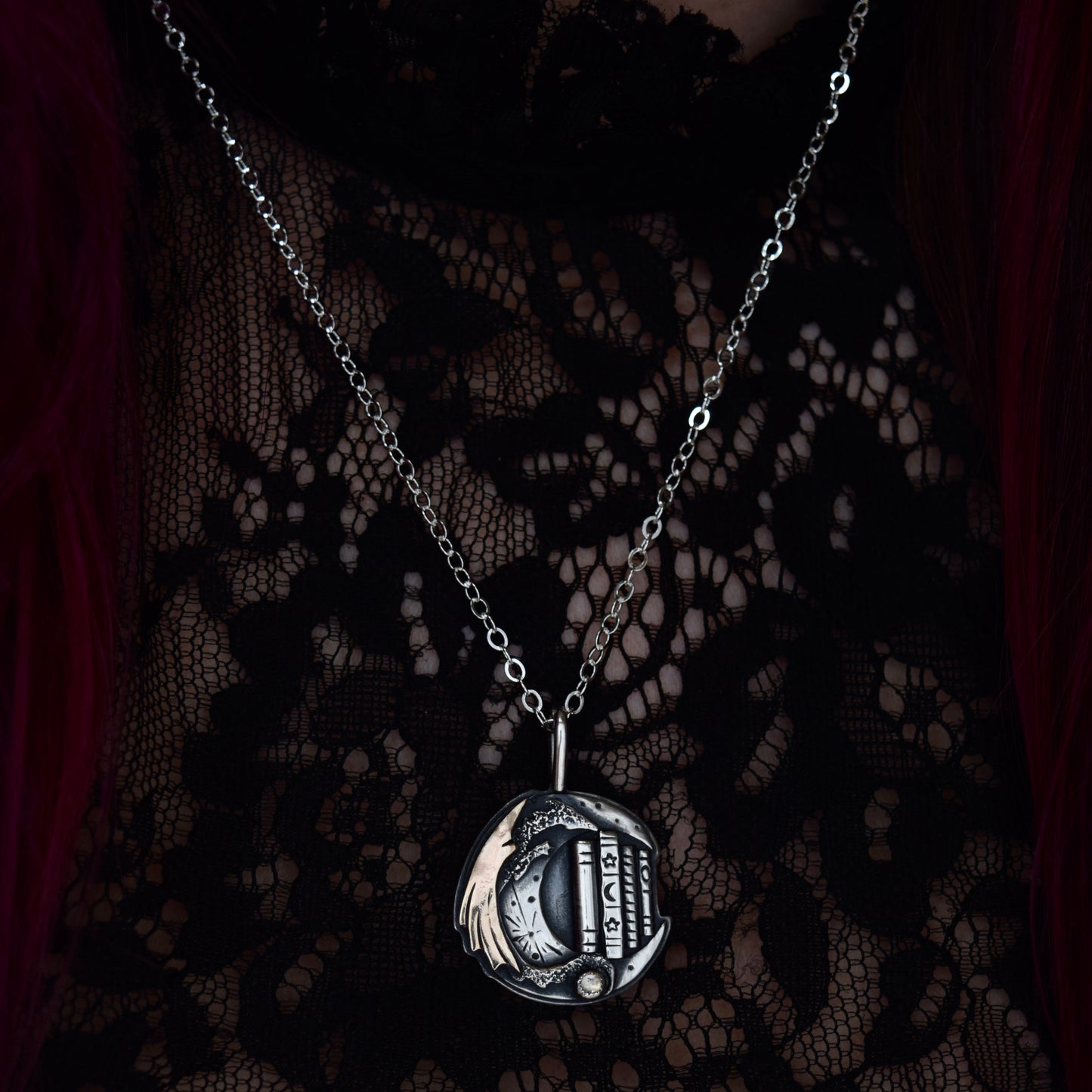 Lunar Bookshelf Necklace with Gold Fill and Rainbow Moonstone