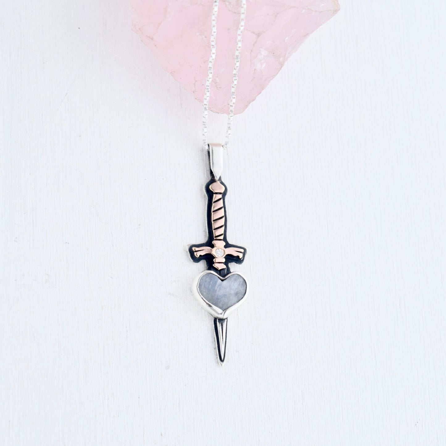 Dagger Necklace with Rainbow Moonstone, Moissanite, and Rose Gold Fill