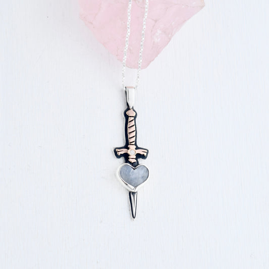 Dagger Necklace with Rainbow Moonstone, Moissanite, and Rose Gold Fill