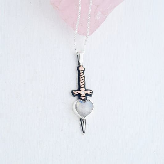 Dagger Necklace with Rainbow Moonstone, Moissanite, and Rose Gold Fill