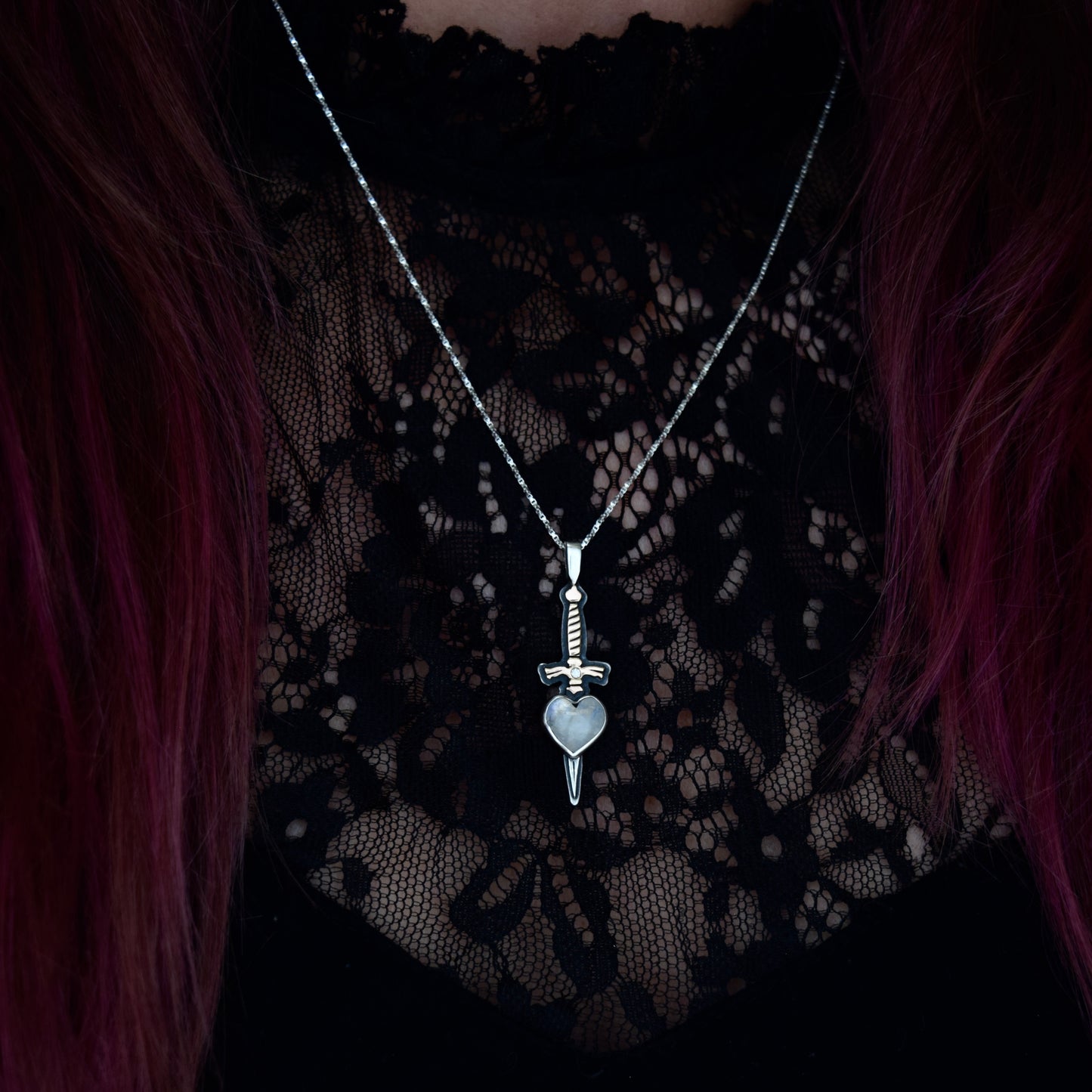 Dagger Necklace with Rainbow Moonstone, Moissanite, and Rose Gold Fill