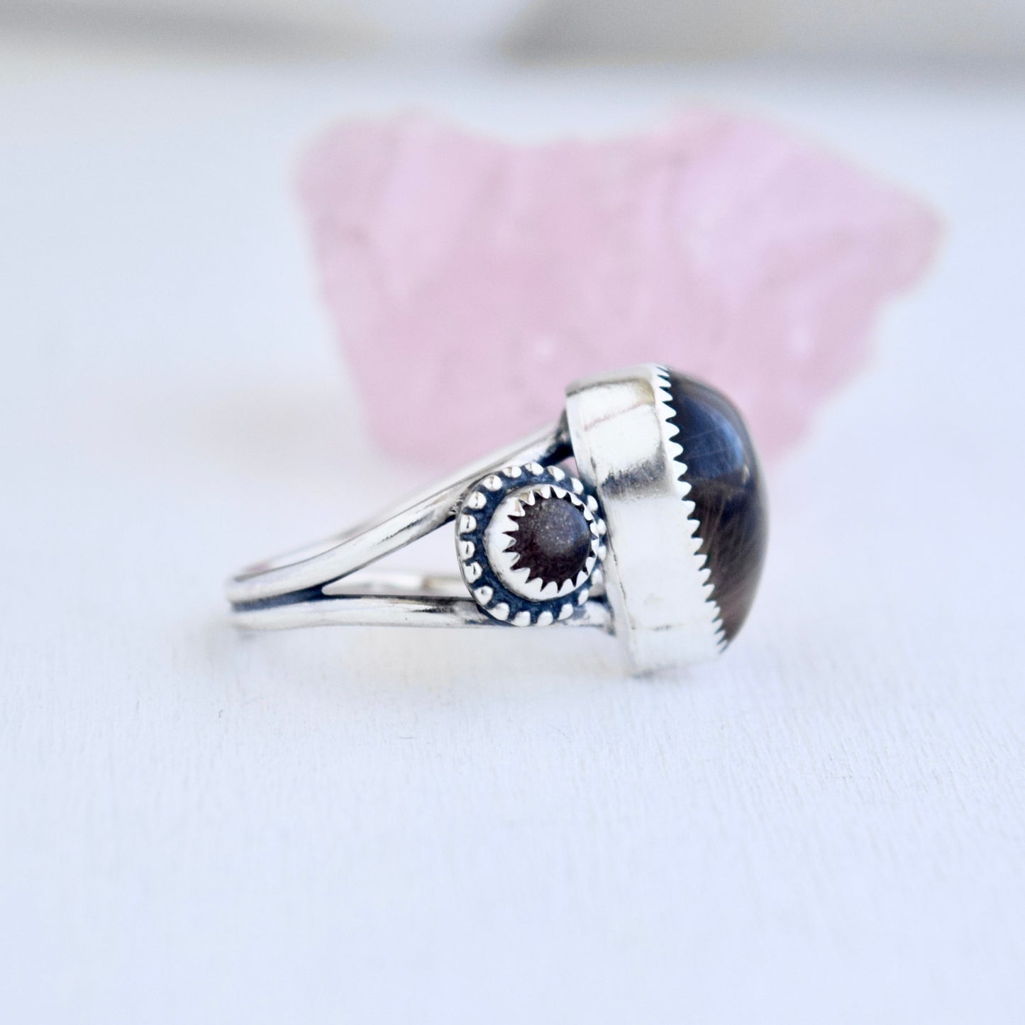 Heart Ring with Golden Rutilated Quarts and Black Moonstone size 7