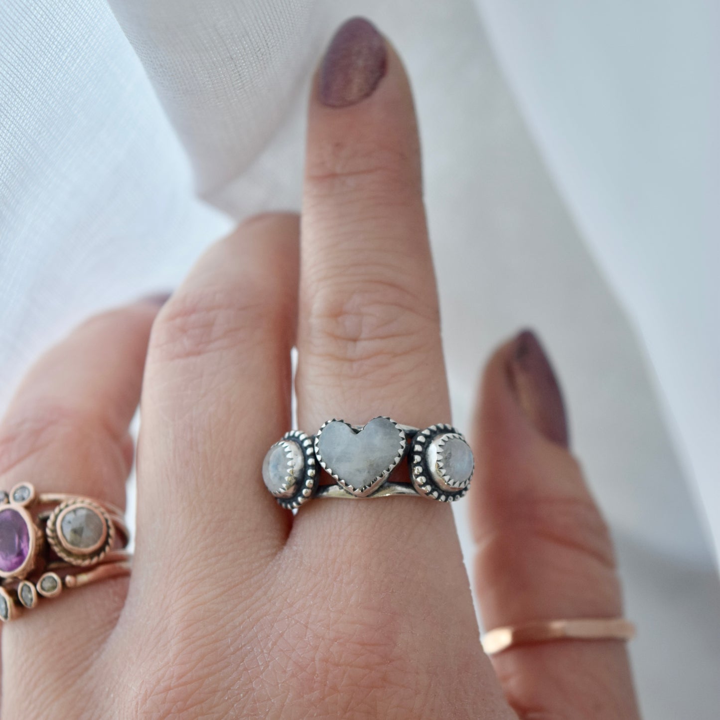 Heart Ring with Rainbow Moonstone size 6.5