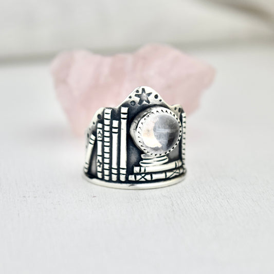 Library Crystal Ball Shield Ring with Gold Fill, Clear Quartz, and Crushed Amethyst Size 7.75