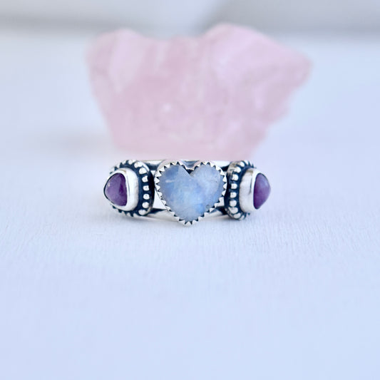 Heart Ring with Rainbow Moonstone and Sapphire size 7.75/8