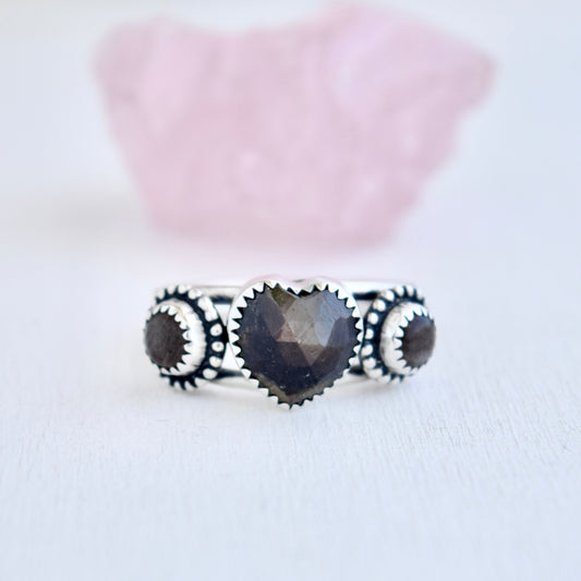 Heart Ring with Chocolate Sapphire and Black Moonstone size 9