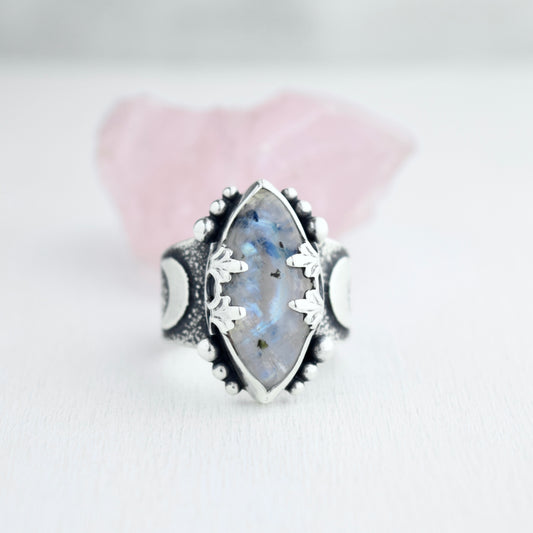 Lunar Phase Statement Ring with Rainbow Moonstone size 7.25