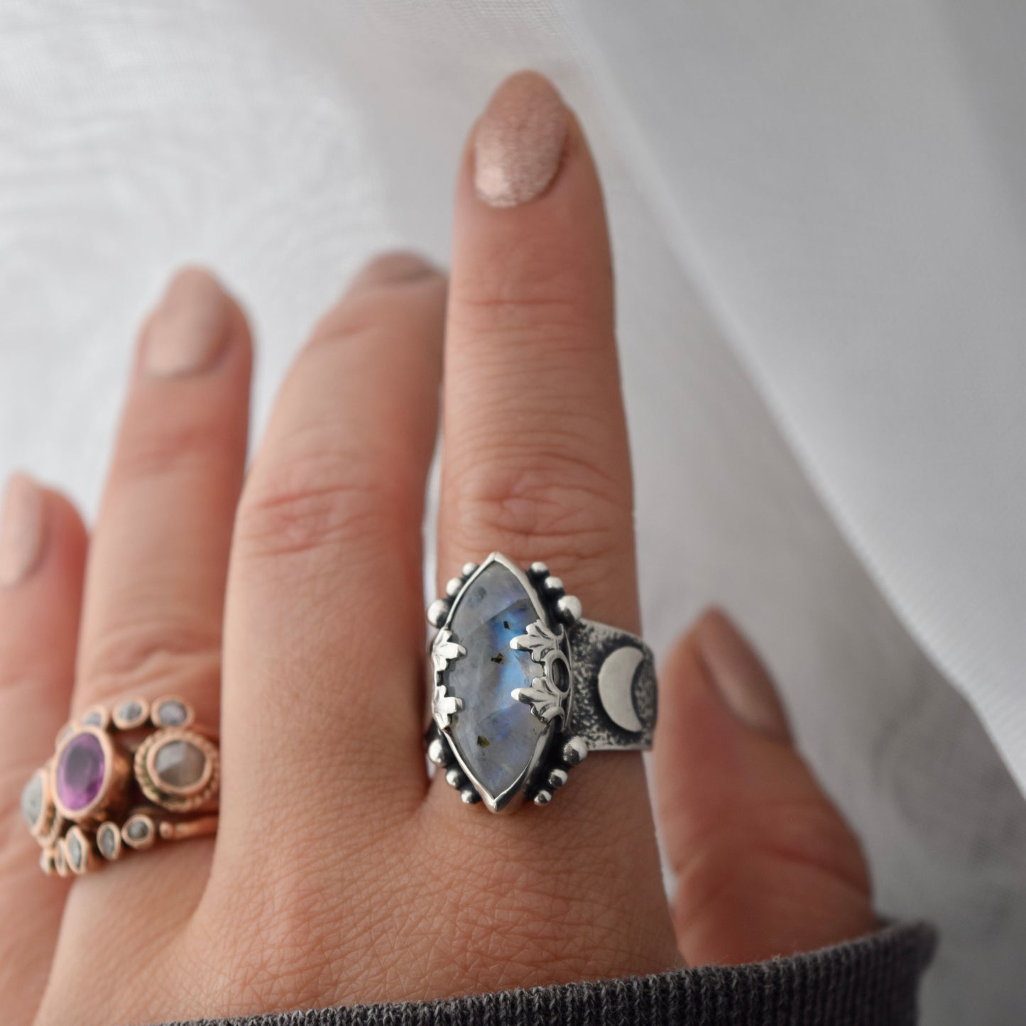 Lunar Phase Statement Ring with Rainbow Moonstone size 7.25