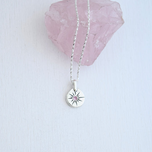 Sun Coin Necklace with 2mm Pink Sapphire