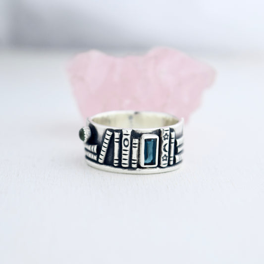 Bookshelf Ring Band with Blue Topaz and Blue Tourmaline Size 8