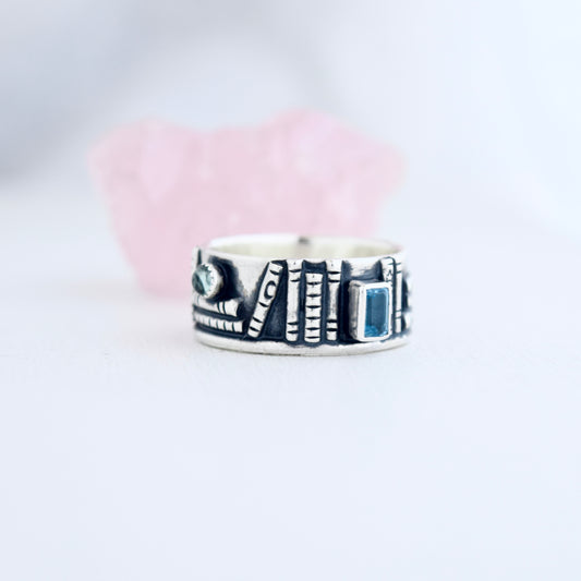 Bookshelf Ring Band with Blue Topaz and Blue Tourmaline Size 8.75