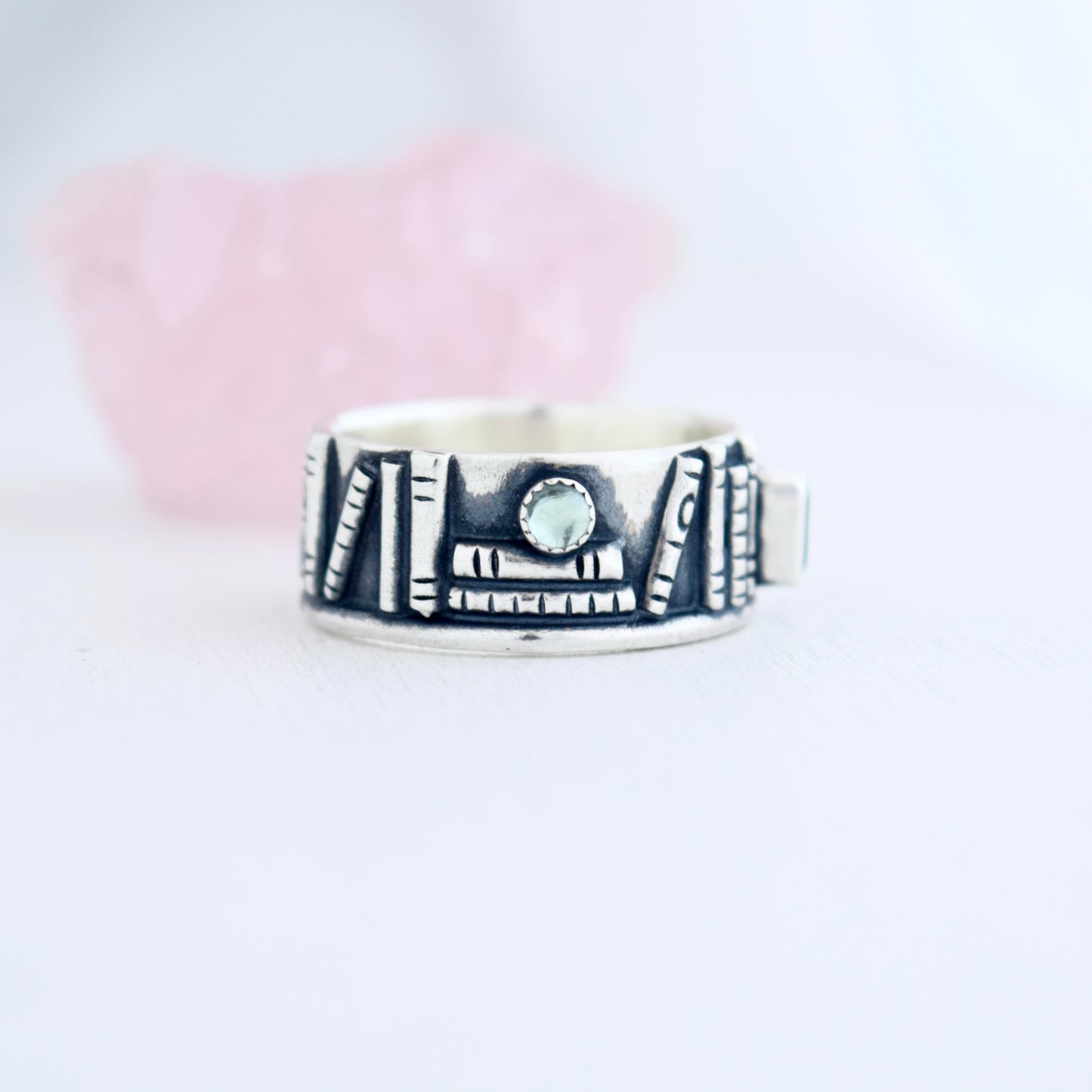 Bookshelf Ring Band with Blue Topaz and Blue Tourmaline Size 8.75