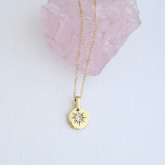 Sun Coin Necklace with 18k Solid Yellow Gold, Gold Fill Chain, and .02c Diamond