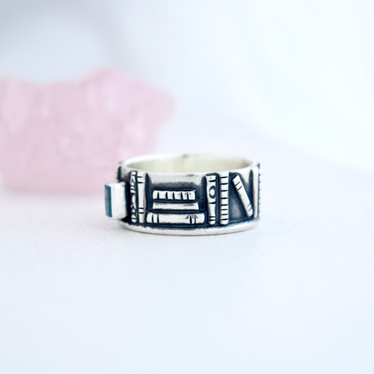 Bookshelf Ring Band with Blue Topaz and Blue Tourmaline Size 8.75