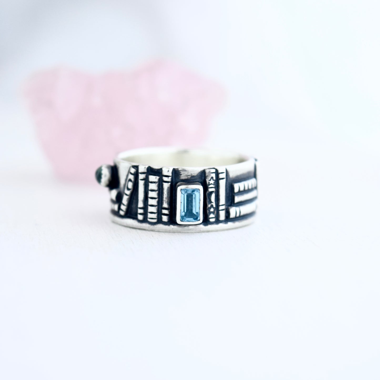 Bookshelf Ring Band with Blue Topaz and Blue Tourmaline Size 8.75