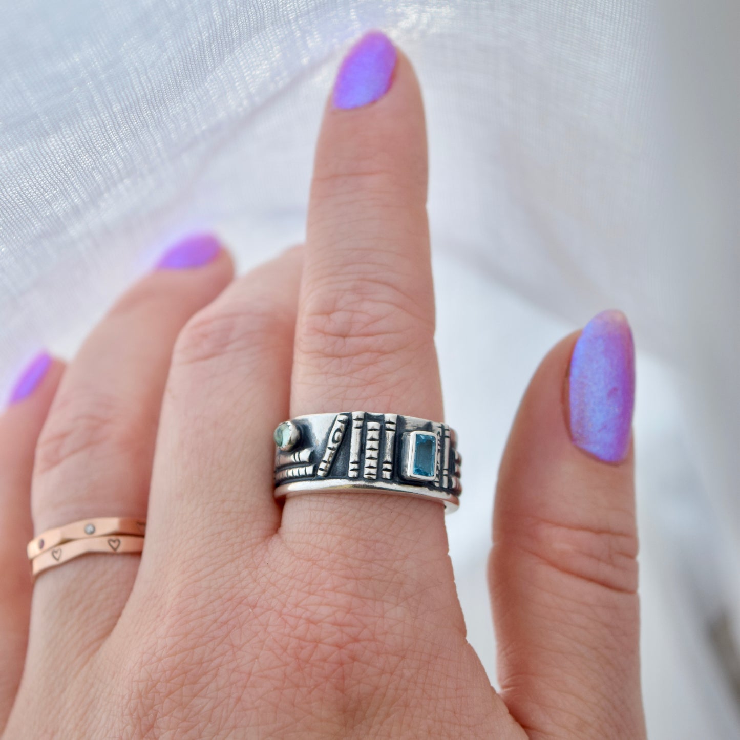 Bookshelf Ring Band with Blue Topaz and Blue Tourmaline Size 8.75