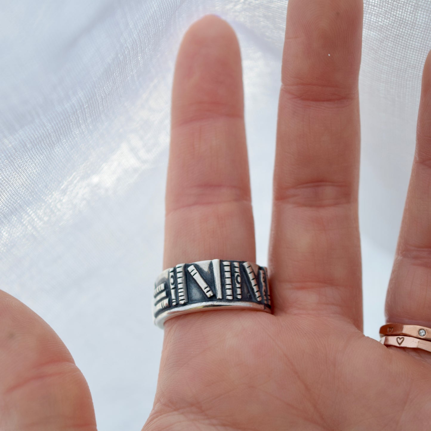 Bookshelf Ring Band with Blue Topaz and Blue Tourmaline Size 8.75