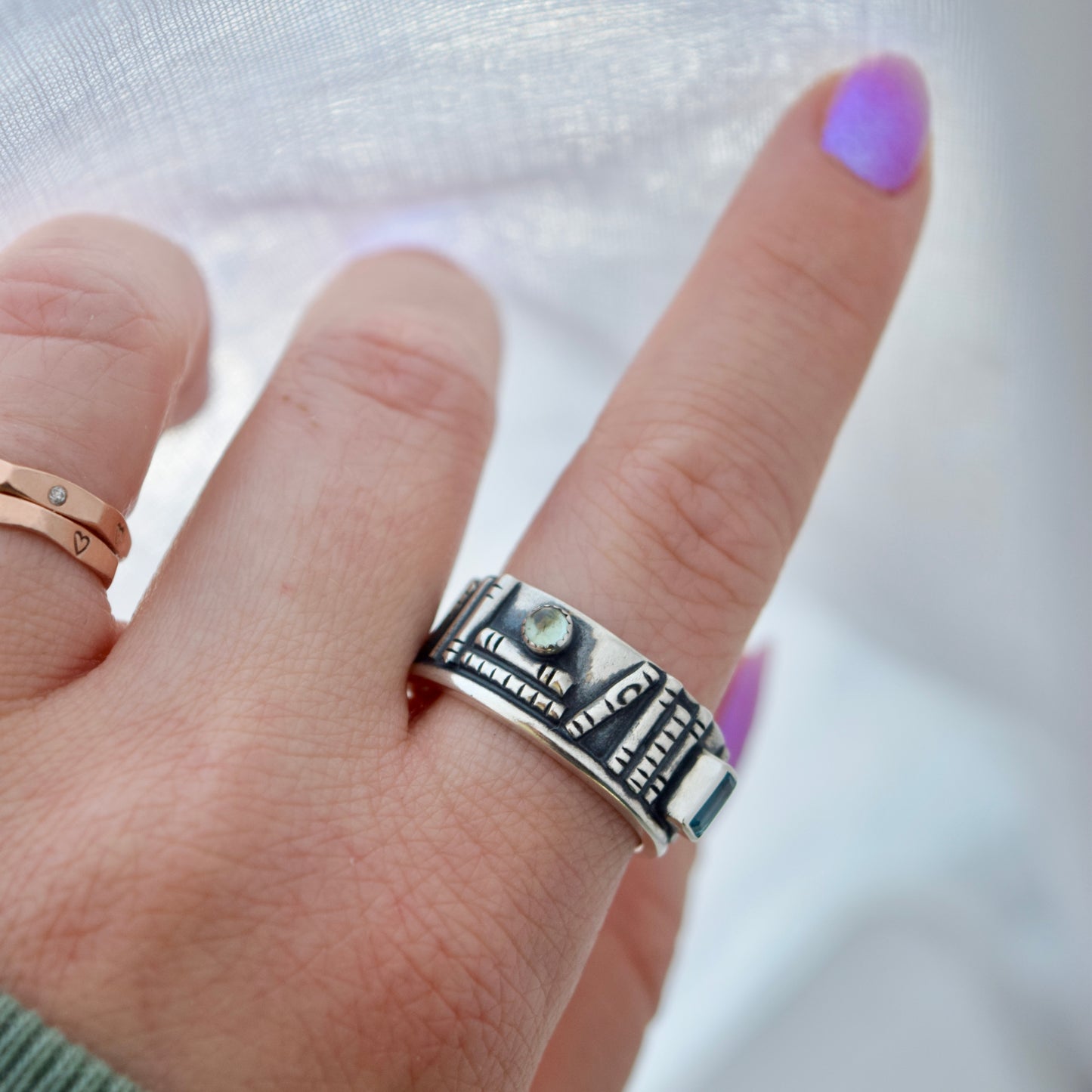 Bookshelf Ring Band with Blue Topaz and Blue Tourmaline Size 8.75