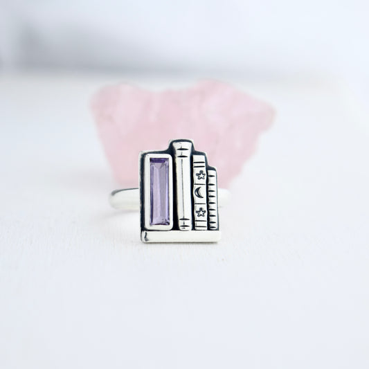 Bookshelf Ring with Faceted Amethyst Size 9