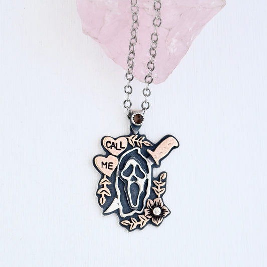 Floral Ghostface Pendant with Smokey Quartz, Rose Gold Fill, and Yellow Gold Fill