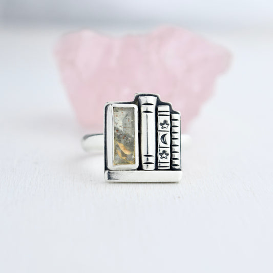 Bookshelf Ring with Kintsugi Repaired Faceted Sunstone Size 7.5