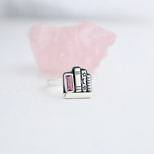 Mini Bookshelf Ring with Faceted Pink Tourmaline Size 5.5