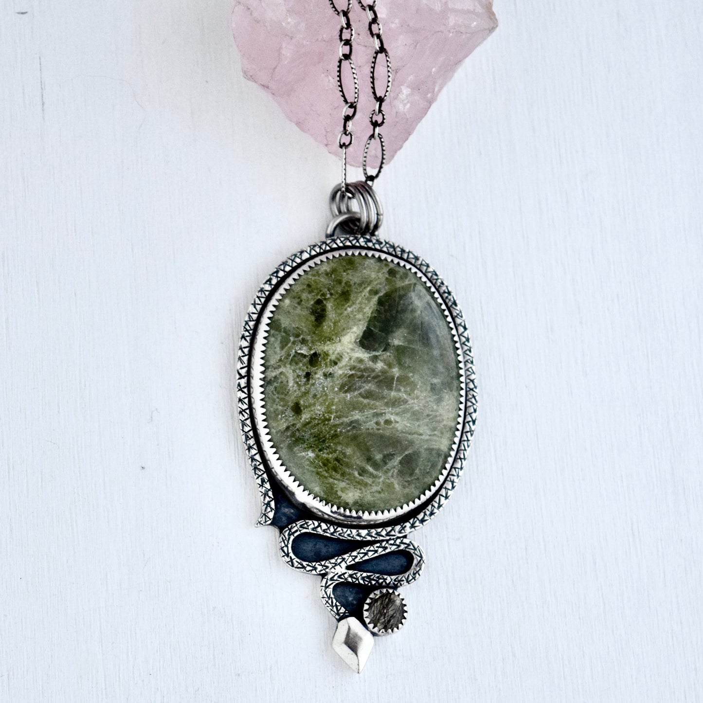 The Serpent House Worry Stone Pendant with Vasonite and Rutilated Quartz