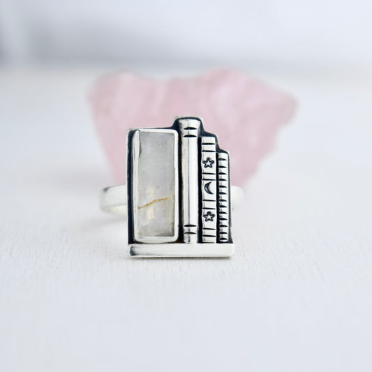 Bookshelf Ring with Kintsugi Repaired Rainbow Moonstone Size 9.5