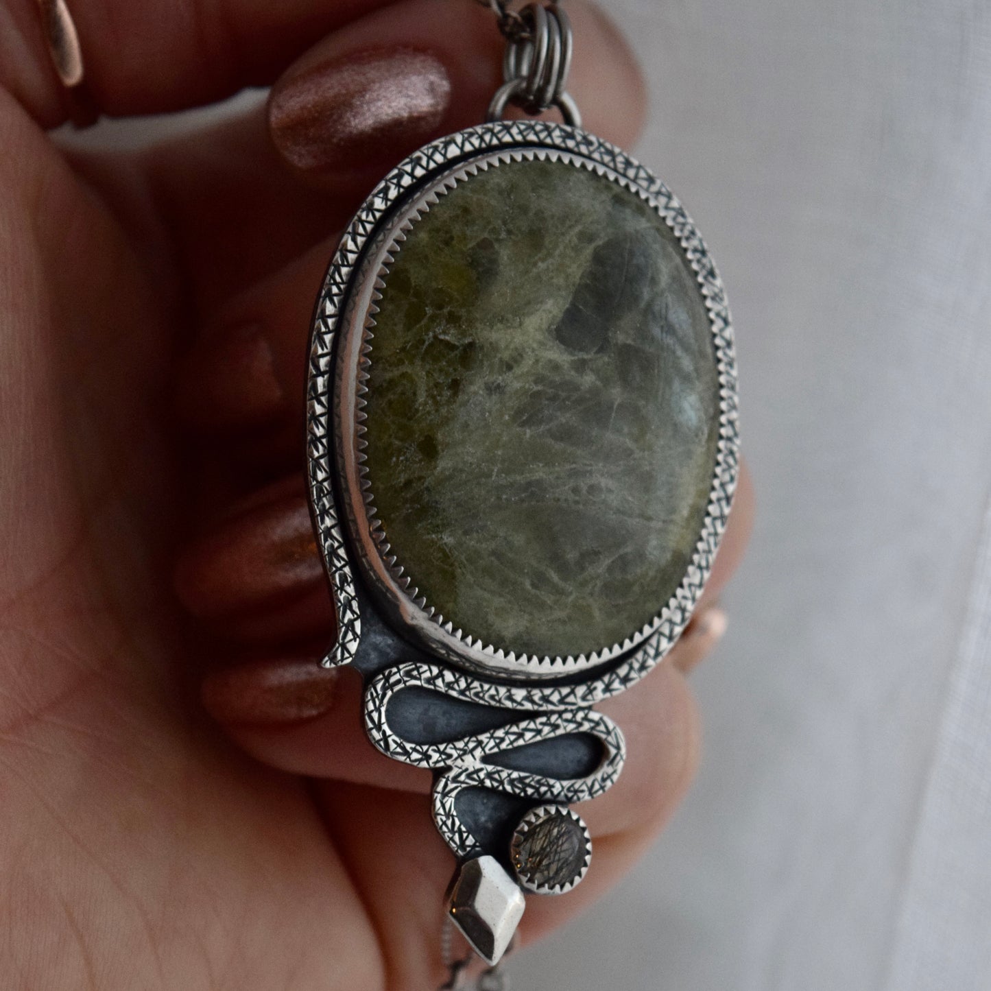 The Serpent House Worry Stone Pendant with Vasonite and Rutilated Quartz