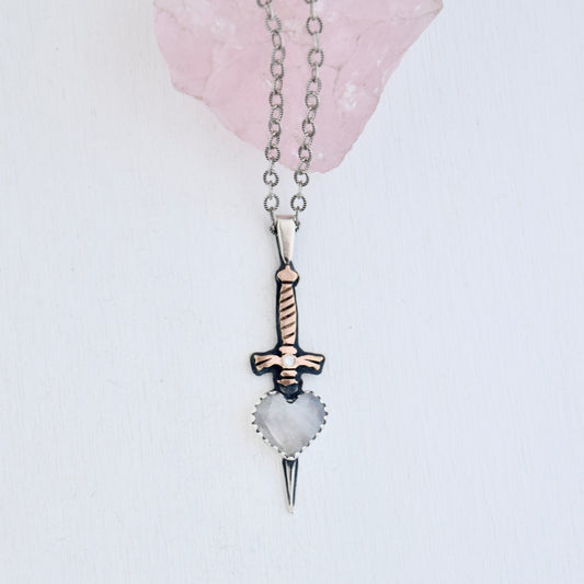 Dagger Necklace with Rainbow Moonstone, .02c Diamond, and Rose Gold Fill