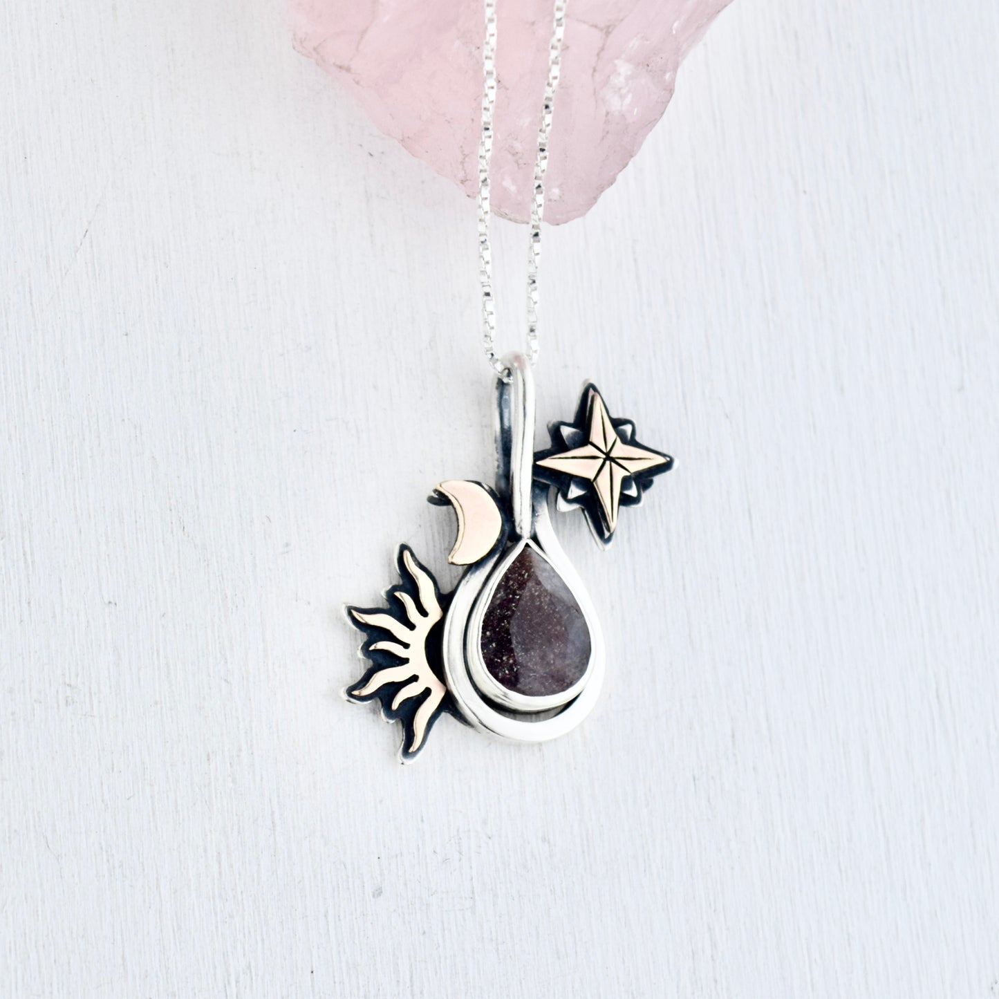 Sun, Moon, and Stars Necklace with Iolite and Gold Fill