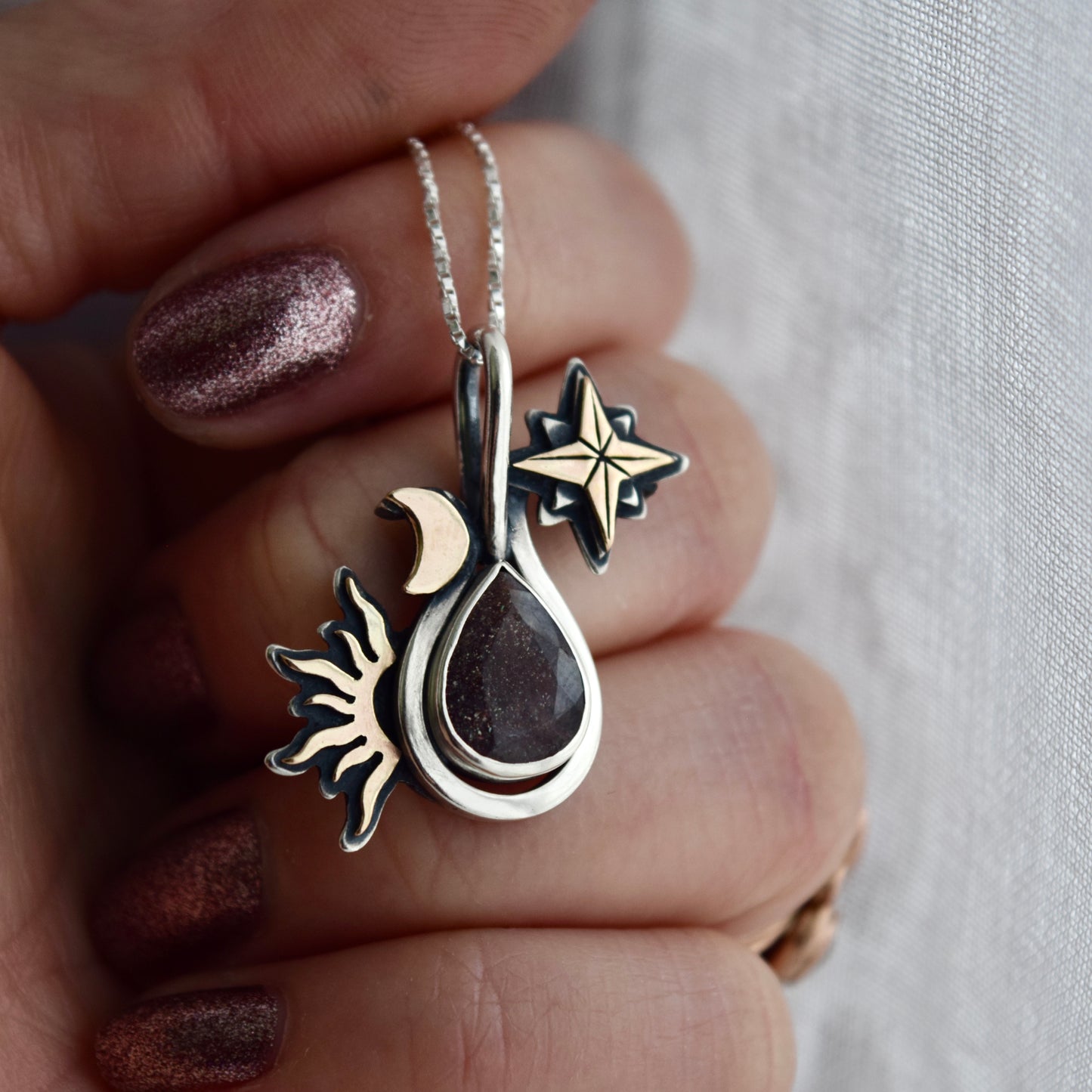 Sun, Moon, and Stars Necklace with Iolite and Gold Fill