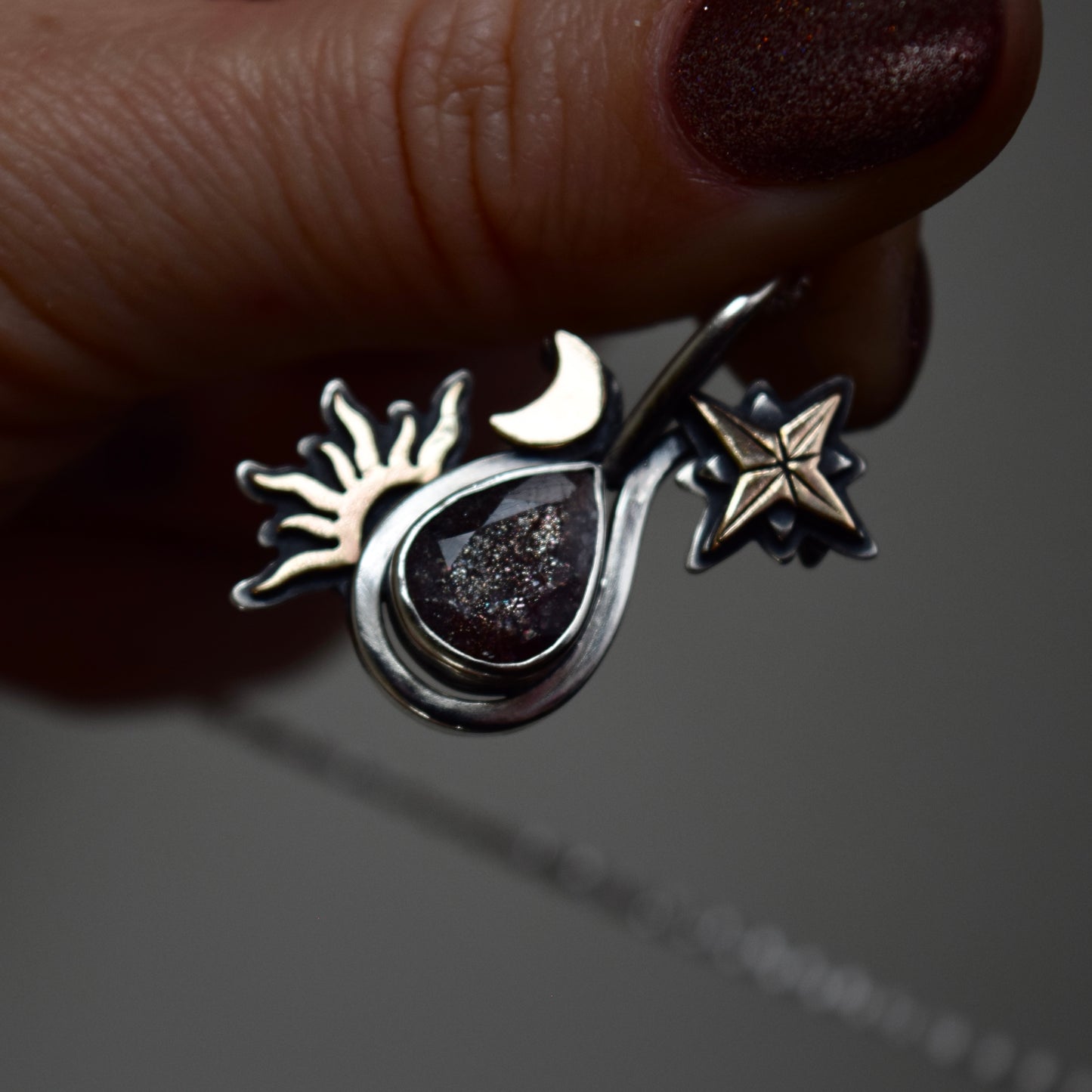 Sun, Moon, and Stars Necklace with Iolite and Gold Fill