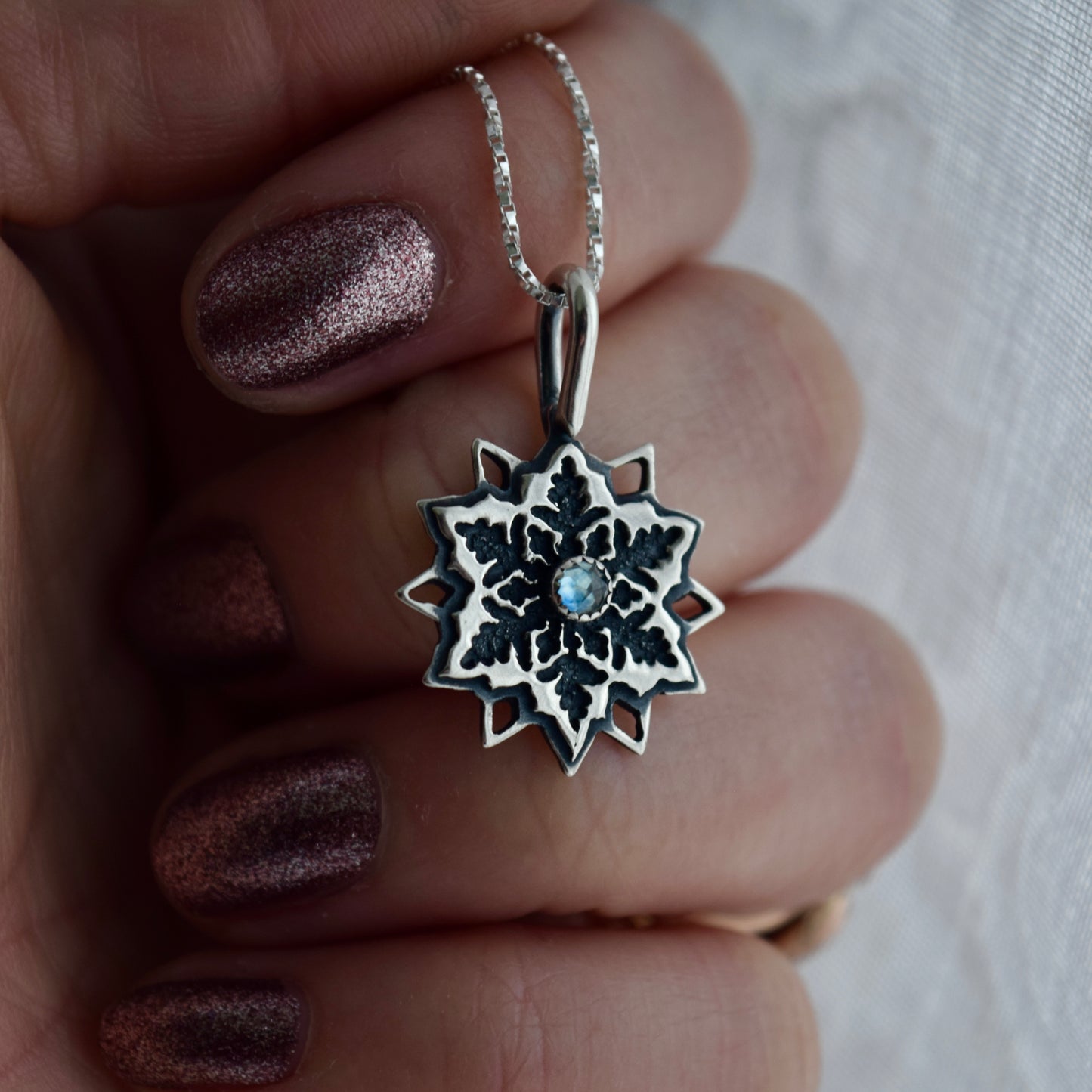 Snowflake Necklace with Teal Montana Sapphire