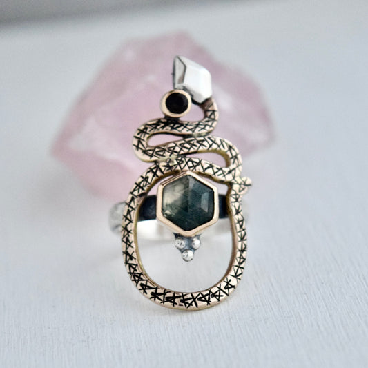 Serpent Ring with Moss Agate, Smokey Quartz, and Gold Fill Size 6