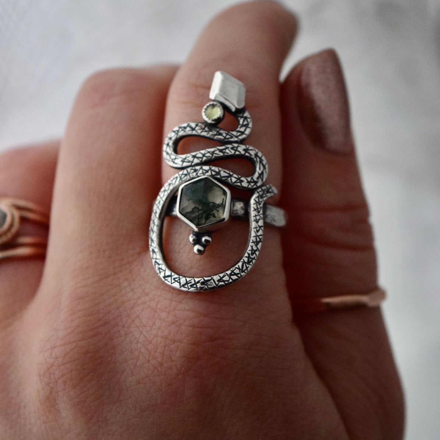 Serpent Ring with Moss Agate and Peridot size 9