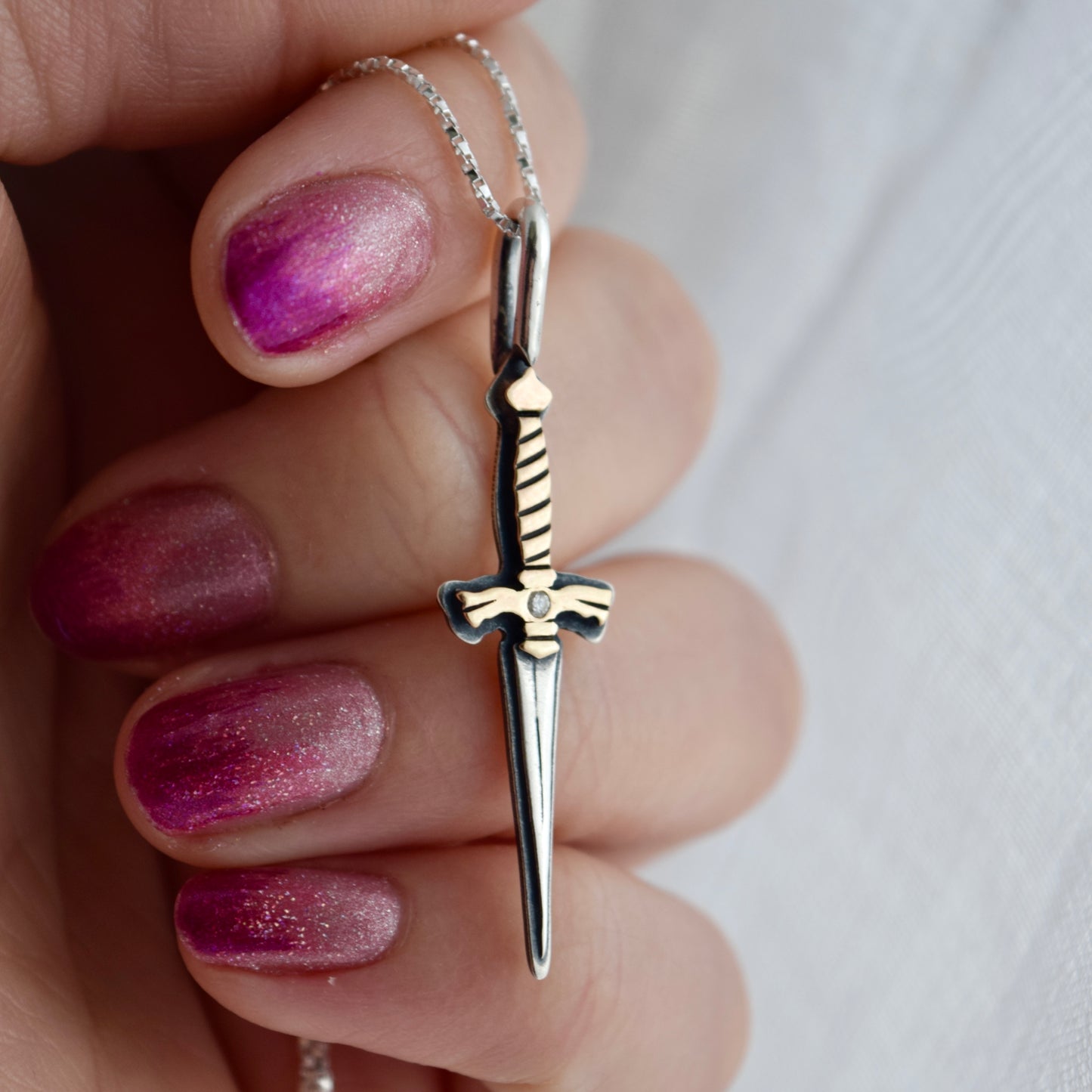 Dagger Necklace with Moissanite and Yellow Gold Fill