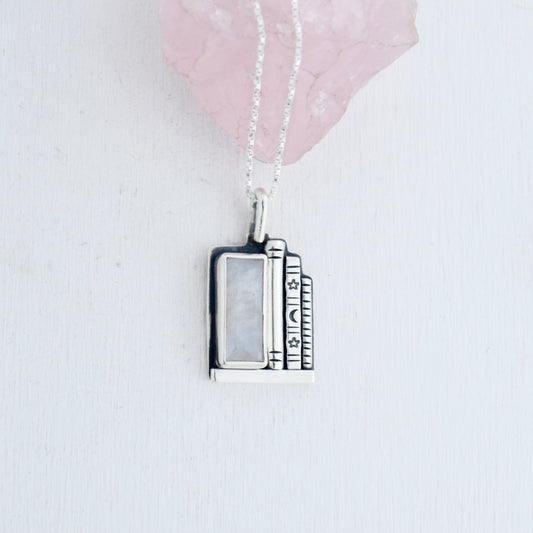 Bookshelf Necklace with Rainbow Moonstone