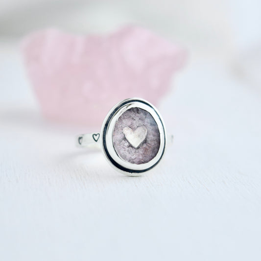 Encased Heart Ring with Crushed Rose Quartz and Ruby set beneath Clear Quartz Size 5.25