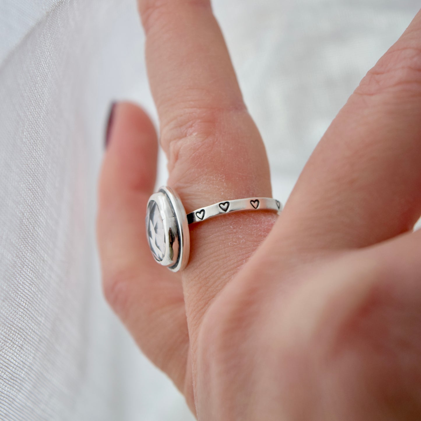 Encased Heart Ring with Crushed Rose Quartz and Ruby set beneath Clear Quartz Size 5.25