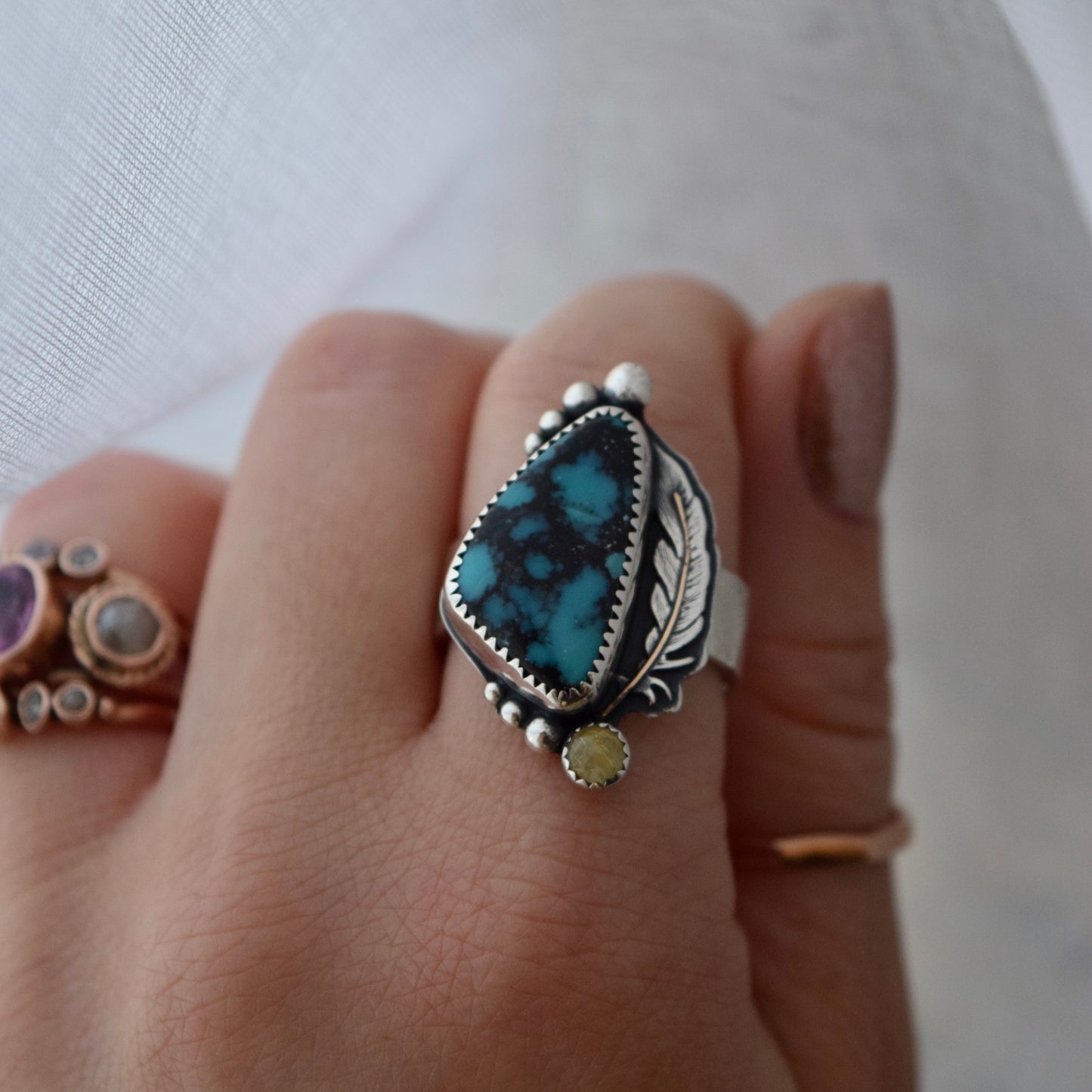 Eagle Feather Ring with Hubai Turquoise, Golden Rutilated Quartz, and Gold Fill Fits Size 9/9.25