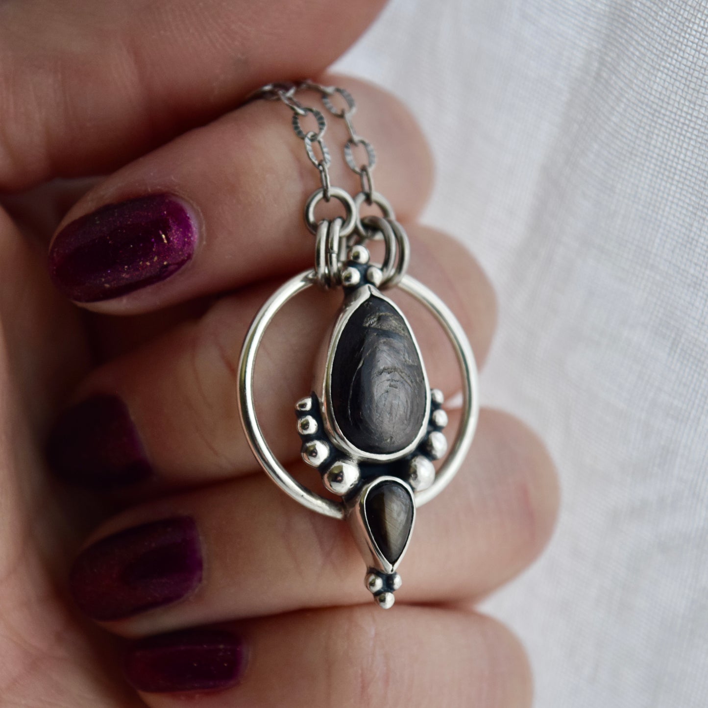 Pendulum Pendant with Hypersthene and Black Star Sapphire