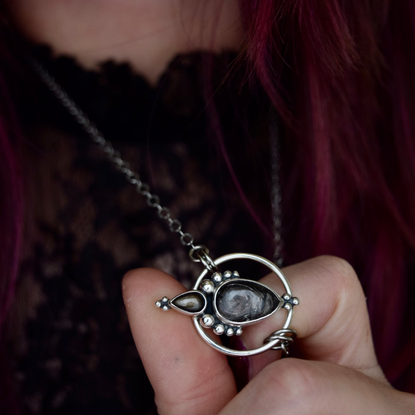 Pendulum Pendant with Hypersthene and Black Star Sapphire