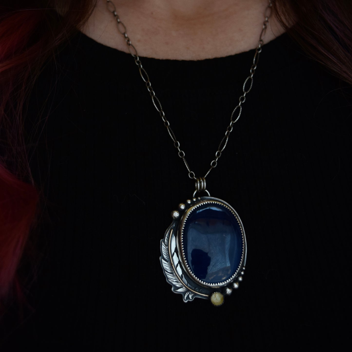 Eagle House Worry Stone Pendant with Blue Onyx, Golden Rutilated Quartz and Gold Fill