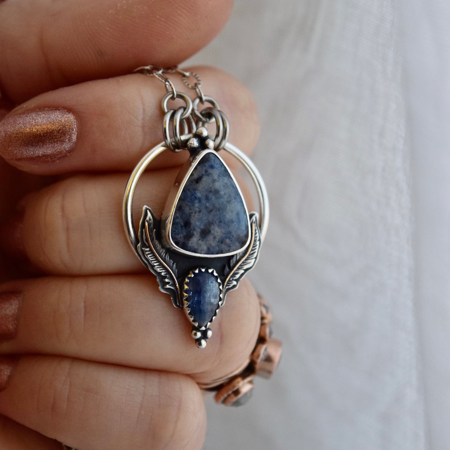 Eagle House Pendulum Pendant with Sodalite, Kyanite, and Gold Fill Details